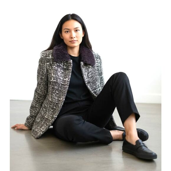 Maria Sole Italy Wool Blend Tweed Coat Black Gray White Single-Breasted Size L - Picture 2 of 7